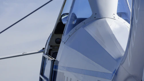 Close-up of the sleek nose and cockpit of a B37400F cargo aircraft.
