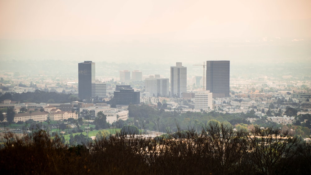 a view of a city with tall buildings