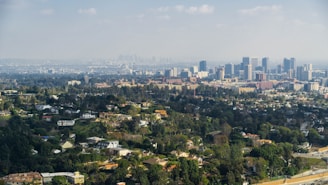 A panoramic view of Mumbai's skyline with modern buildings and lush greenery.