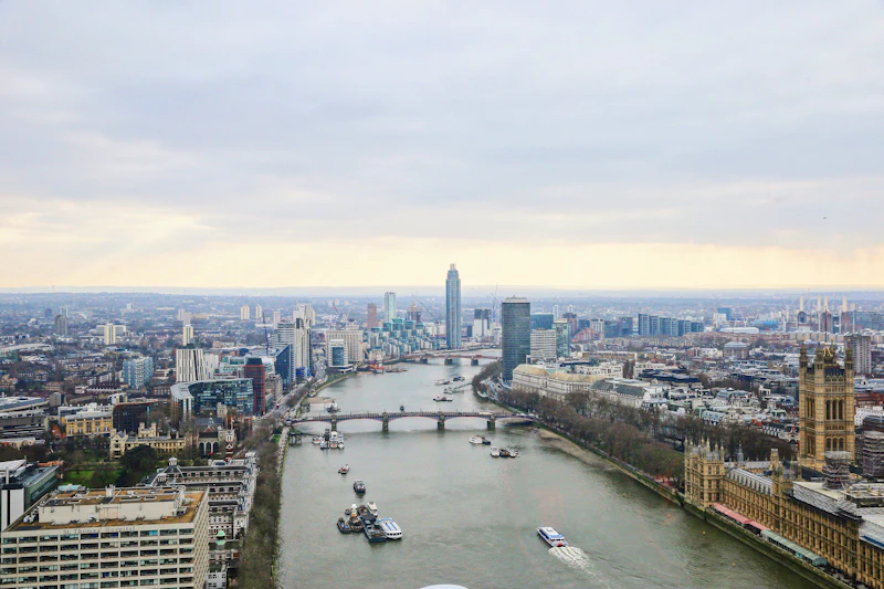 London skyline with the River Thames winding past tall buildings