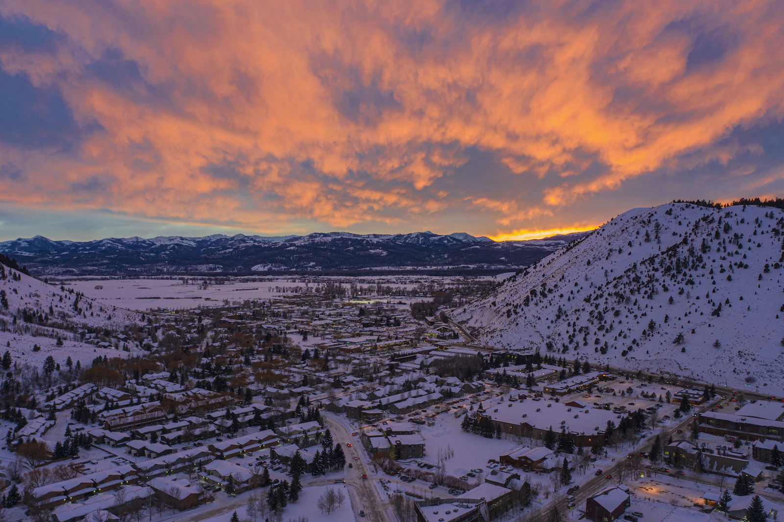 Snow-covered town and mountains in Jackson Hole, Wyoming