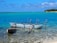 A traditional outrigger canoe is gently resting on the clear, shallow waters of a tropical beach. The ocean stretches out in various shades of blue and turquoise, meeting the horizon where a small island covered with lush greenery is visible. The sky is dotted with fluffy white clouds.