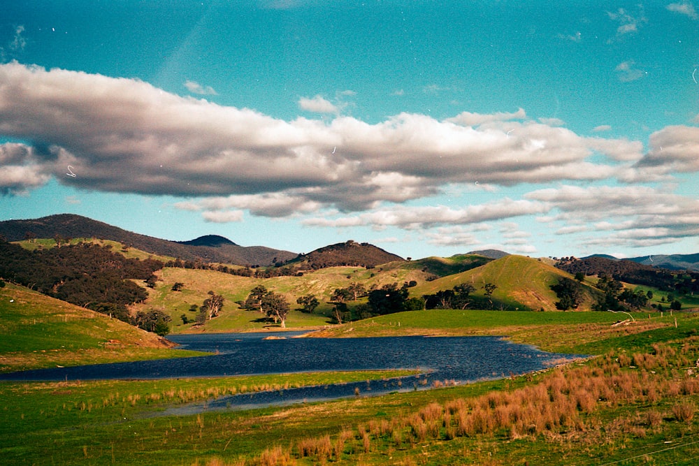 green grass field near lake under blue sky during daytime