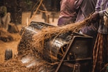 An agricultural scene depicting workers operating a threshing machine. Stalks of grain are being fed into the machine, which separates the grains from the chaff. The environment is dusty with straw particles flying around.