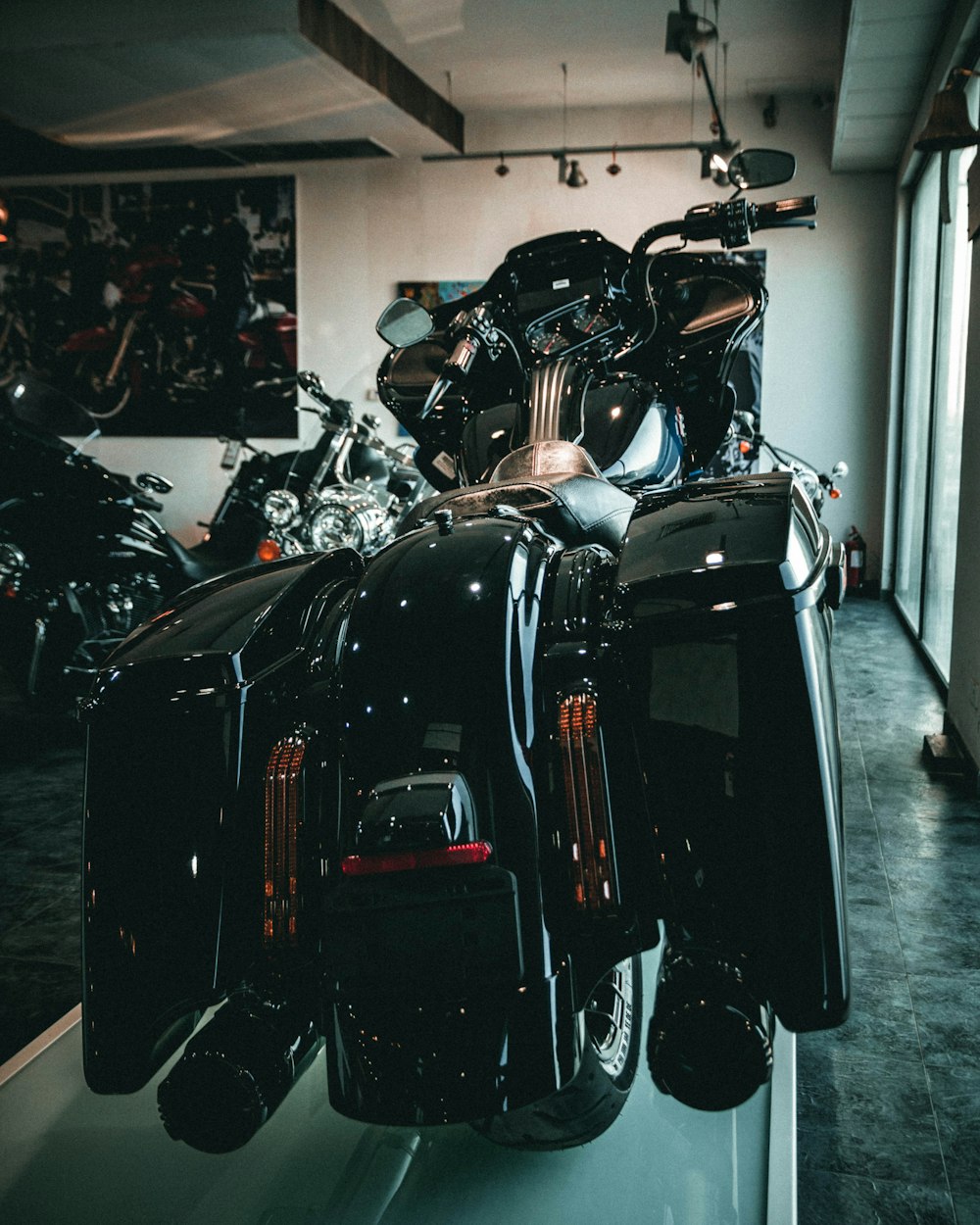 black motorcycle in a room