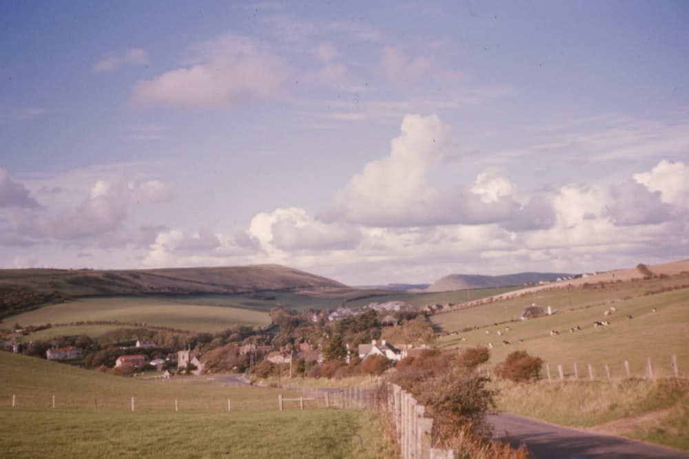 a view of a rural countryside with sheep grazing in the distance