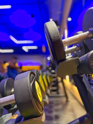A row of dumbbells with a focus on one in the foreground. The lighting is warm in the immediate area, with cool blue lights in the background that give a modern gym ambiance.