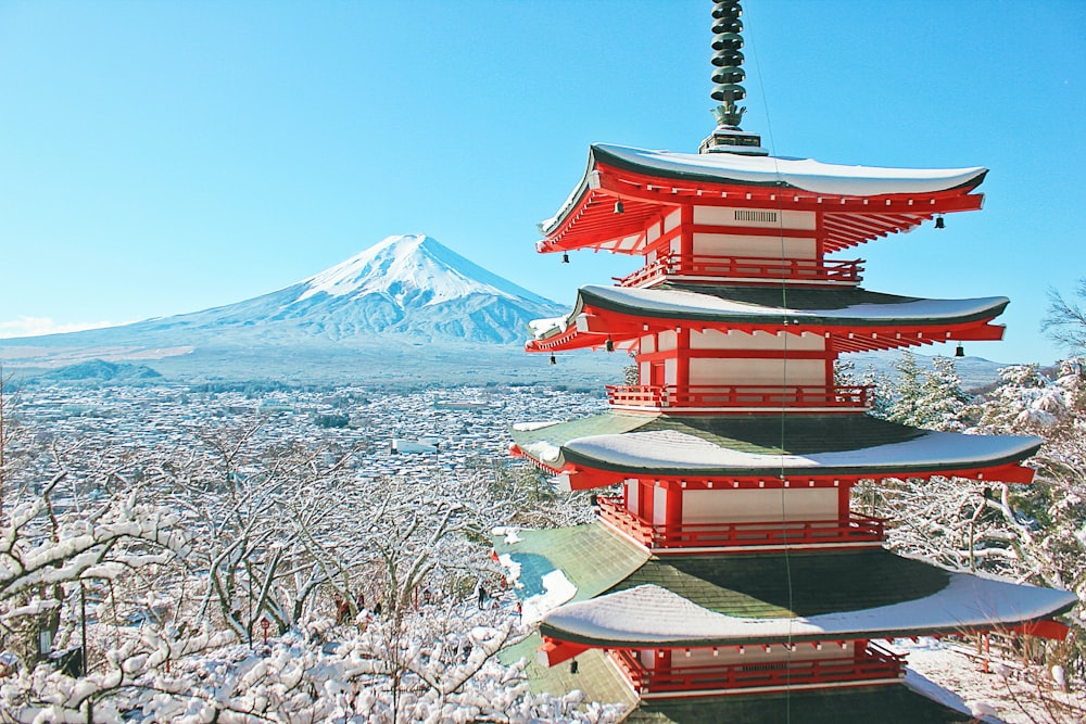 red and white pagoda temple near snow covered mountain during daytime