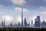 a view of a city with tall buildings