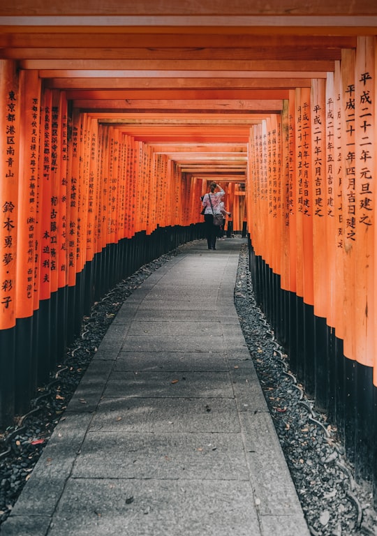 man in black jacket walking on orange and black tunnel in Fushimi Inari Taisha Japan