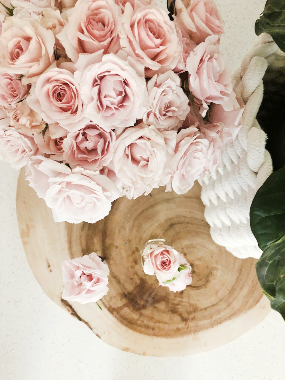 茶色の木の鉢にピンクのバラ
