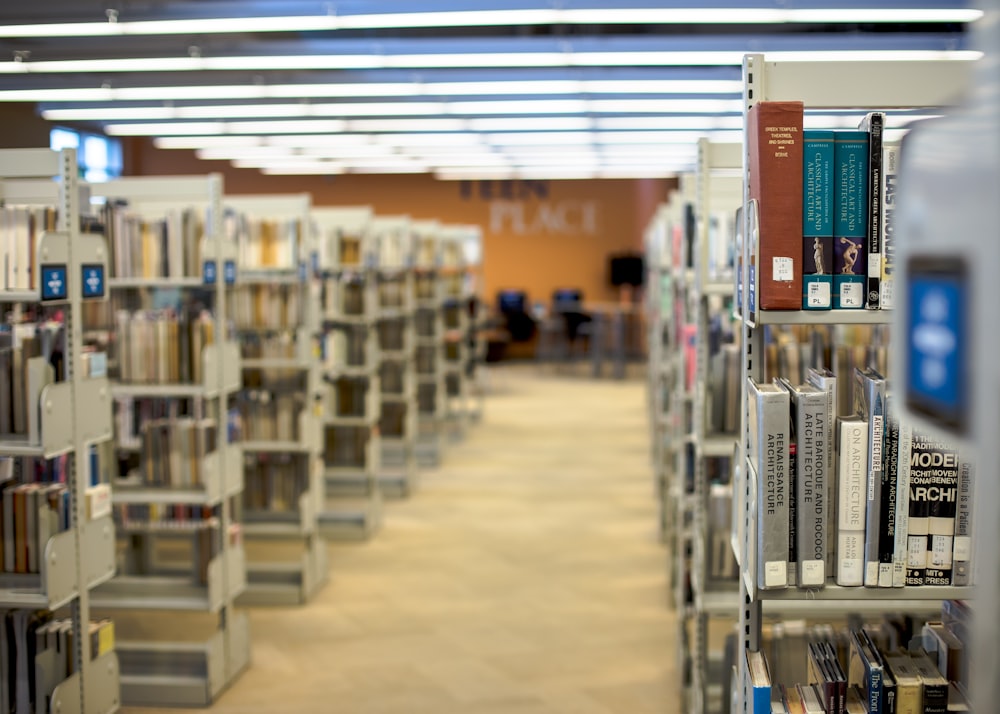 books on shelves in library