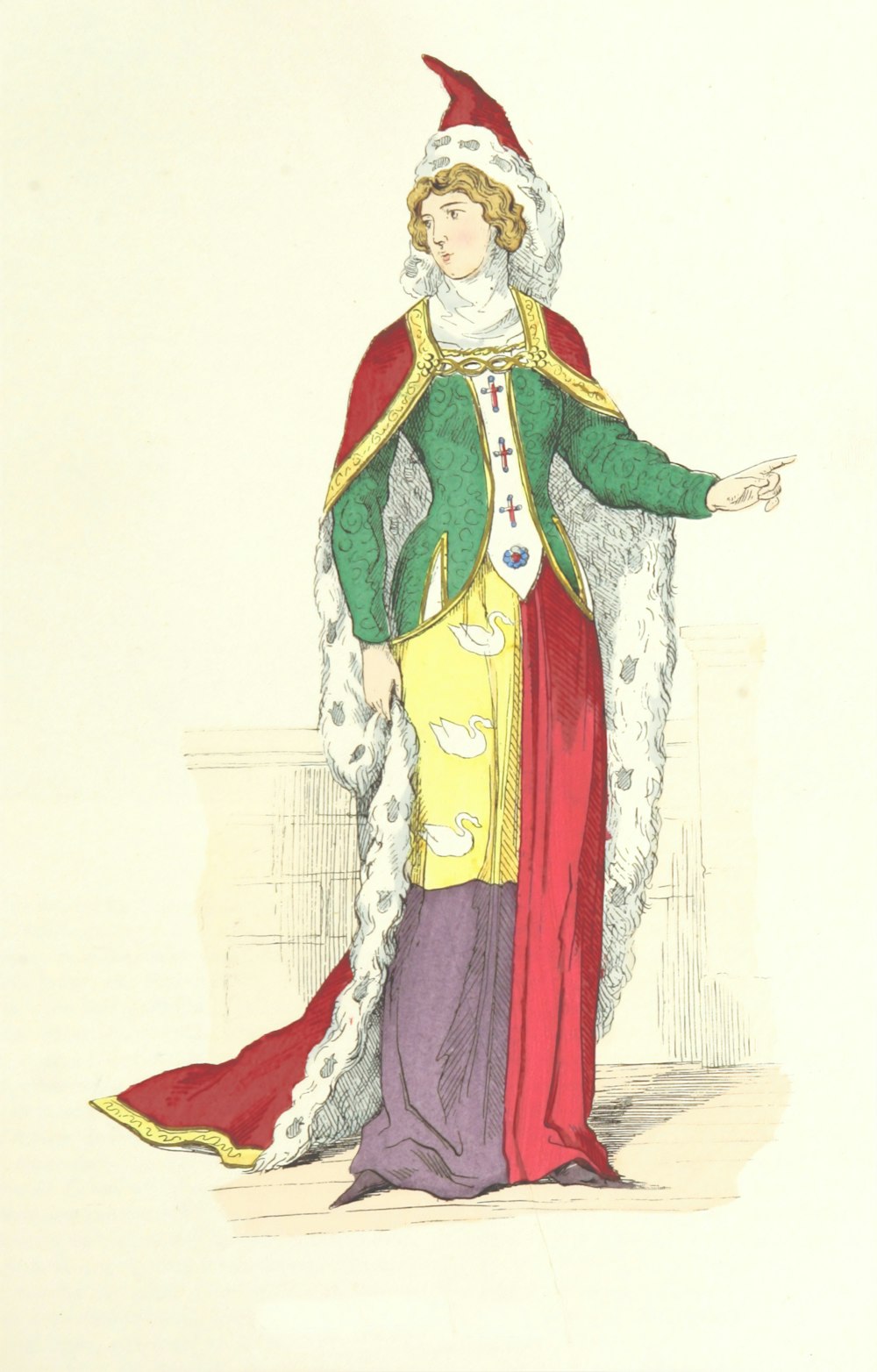 Un disegno di una donna vestita con un costume