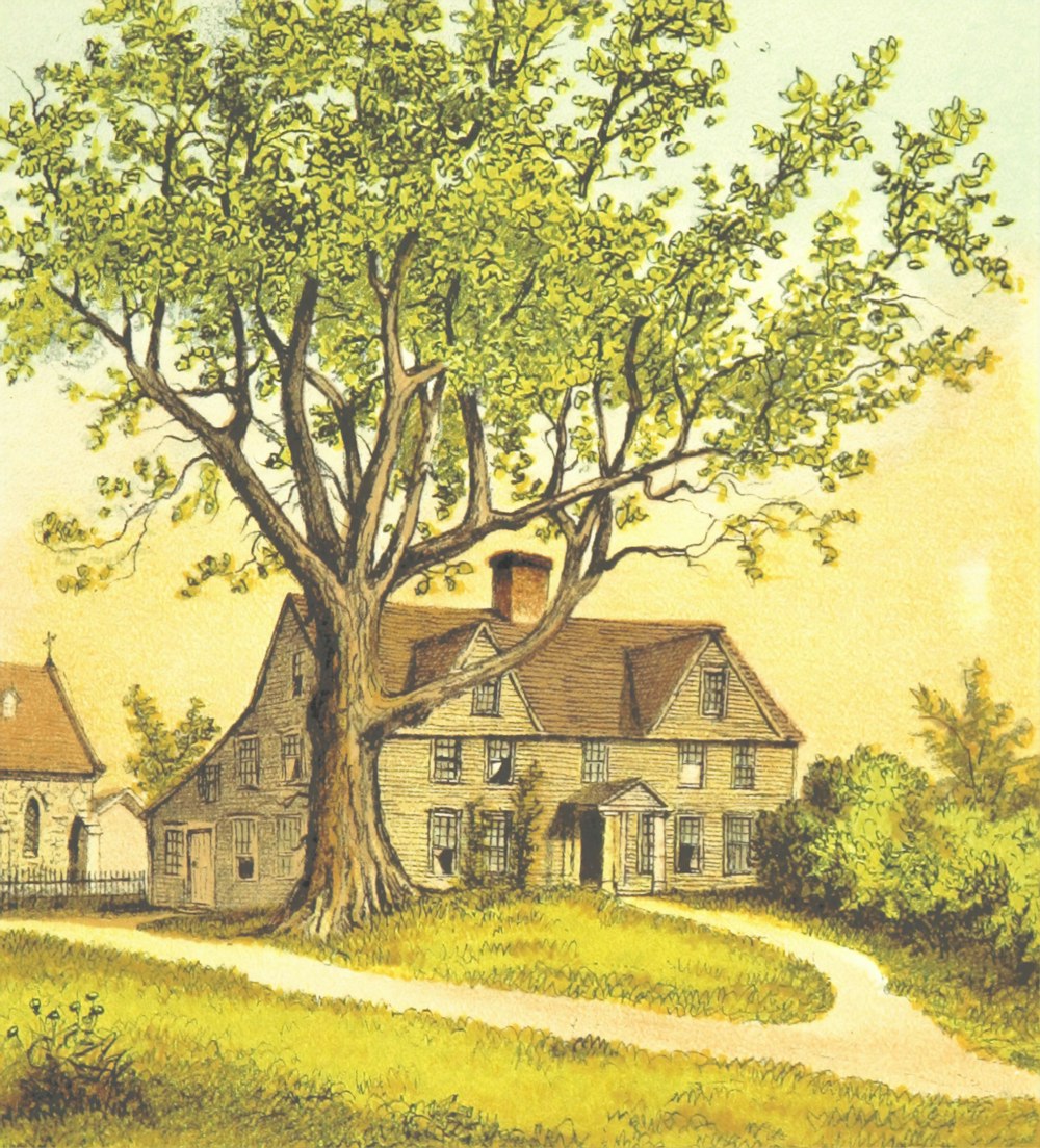 uma pintura de uma casa com uma árvore à sua frente