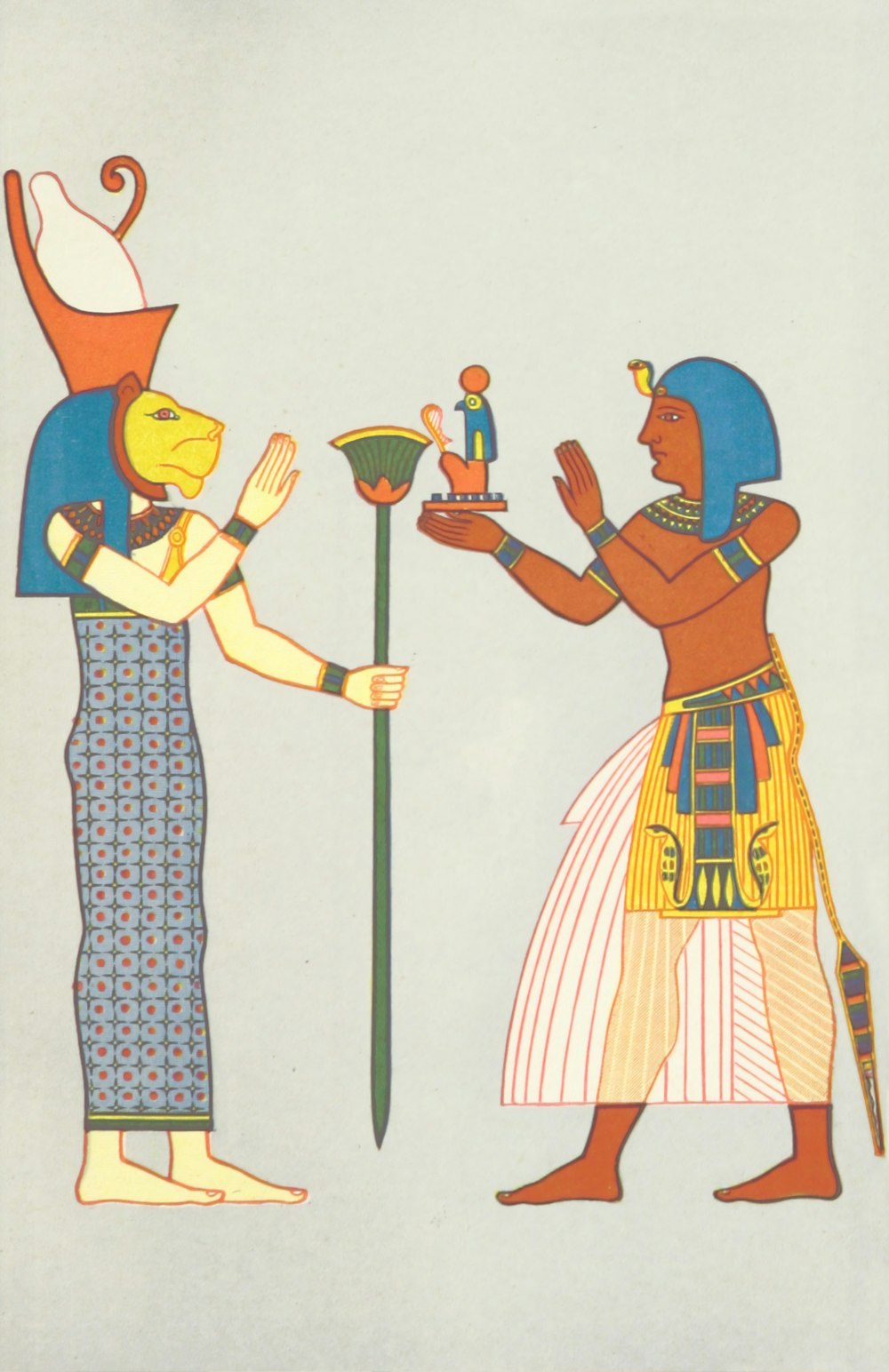 한 남자가 여자에게 그릇을 제공하는 이집트 장면