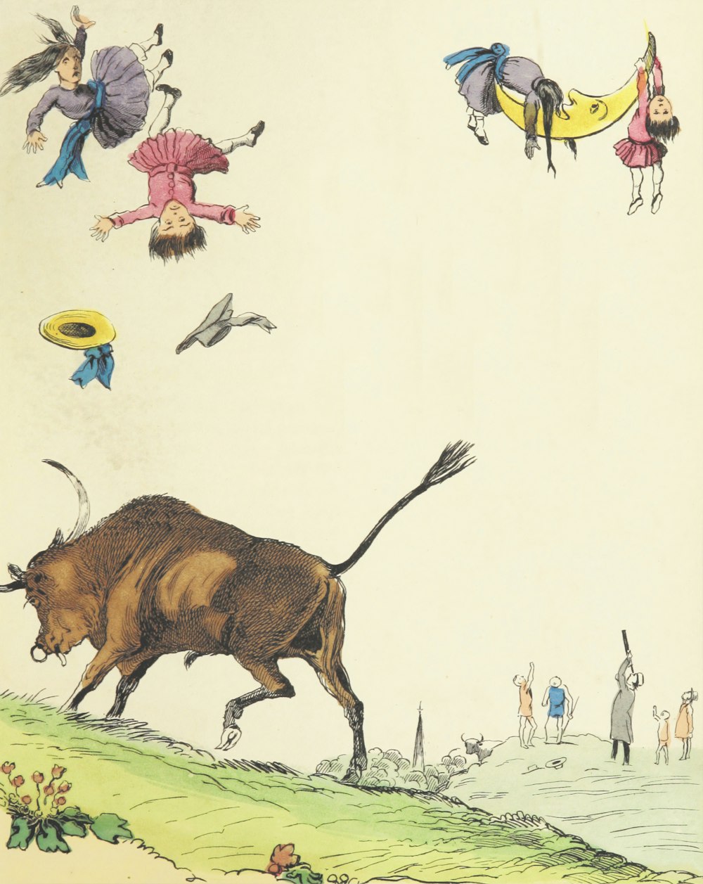 a drawing of a bull with people flying around