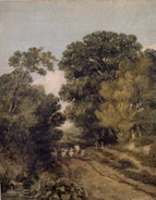 a painting of a dirt road with a horse and carriage on it
