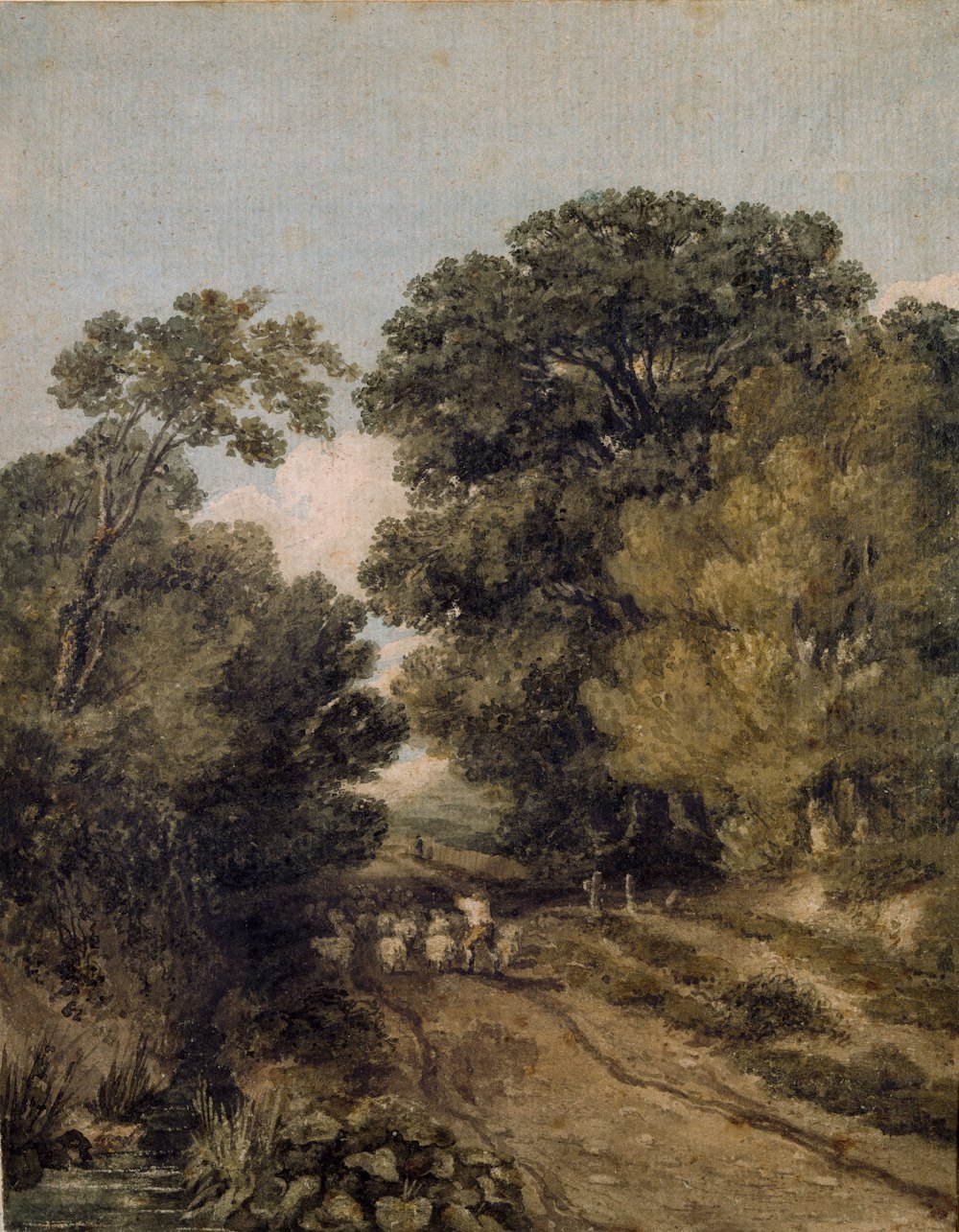 a painting of a dirt road with a horse and carriage on it