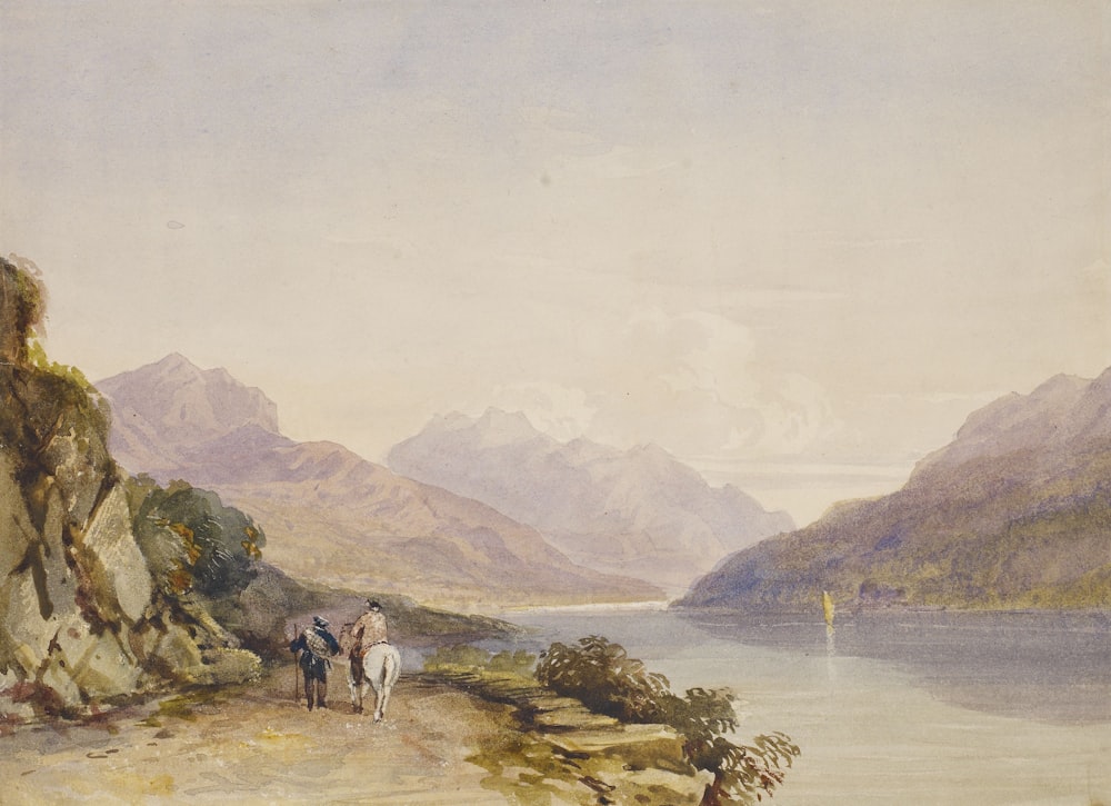 a painting of two people riding horses by a lake
