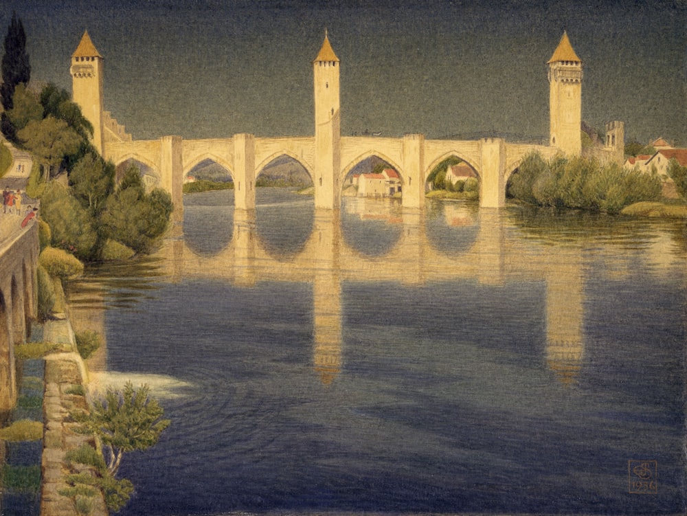 a painting of a bridge over a body of water