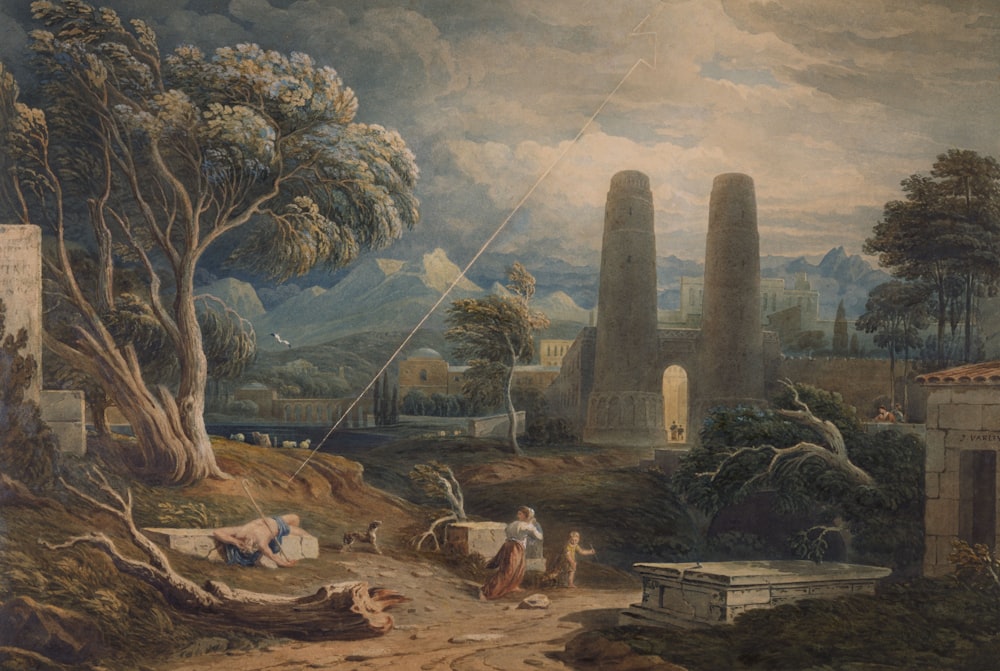 Una pintura de un paisaje con personas y animales
