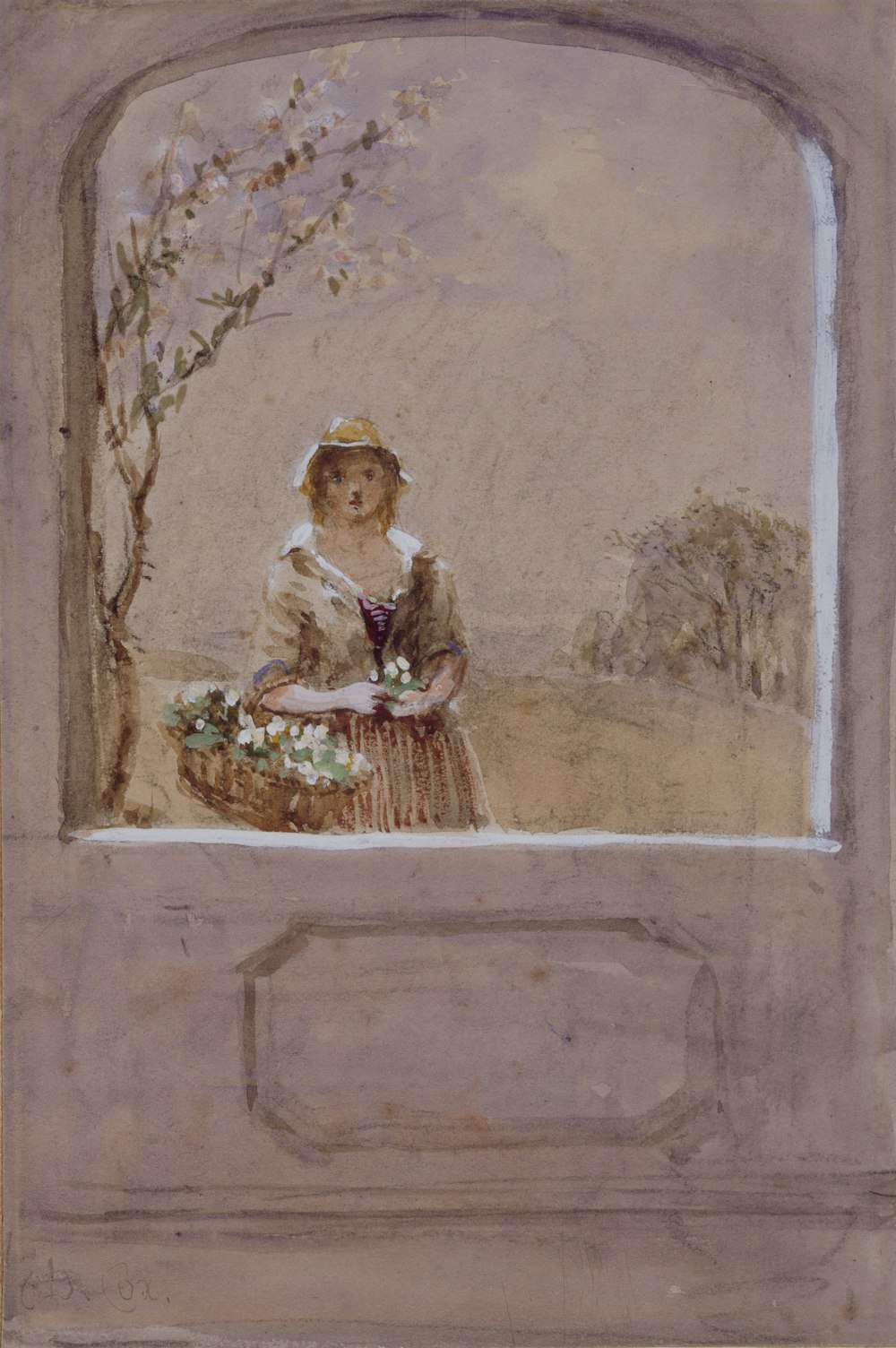 Un dipinto di una donna che tiene un cesto di fiori