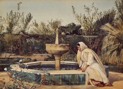 A peaceful moment of prayer beside a small water fountain, reflecting the oasis theme in soft blues and whites.