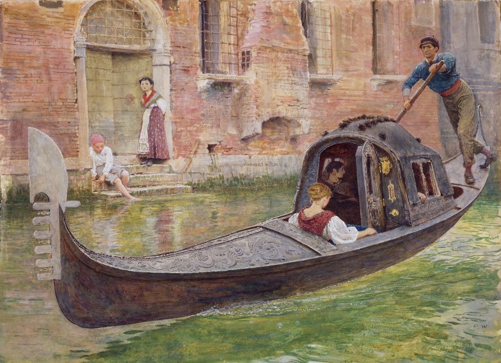 a painting of people on a boat in the water