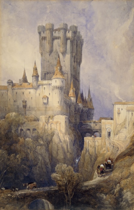 a painting of a castle on a hill