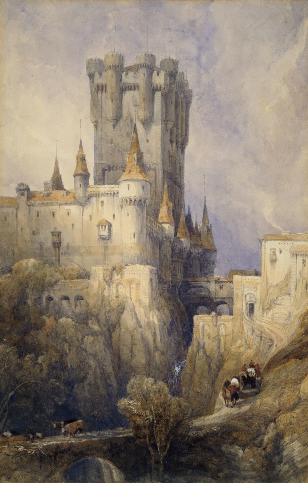 ein Gemälde einer Burg auf einem Hügel