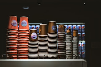 Several stacks of disposable coffee cups are neatly arranged on a countertop. The cups vary in size and color, with some displaying red and others in brown hues. Behind the cups, there is a refrigerator filled with Pepsi cans in a dimly lit environment, suggesting a café or food service setting.