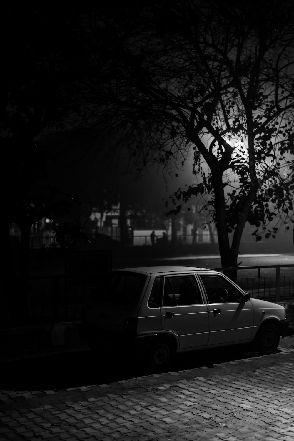 grayscale photo of car parked near tree