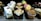 An assortment of pastries and desserts displayed on a reflective surface. The selection includes various cakes, cupcakes with colorful frosting, and layered pastries topped with whipped cream and berries. The desserts are arranged in rows, showcasing a variety of textures and flavors.