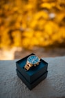 black and gold analog watch on black box