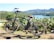 A black electric bicycle with brown seat and handlebars is parked on a dirt path beside a lush cactus garden overlooking a scenic lake. Mountains rise in the background under a clear blue sky, creating a picturesque landscape.