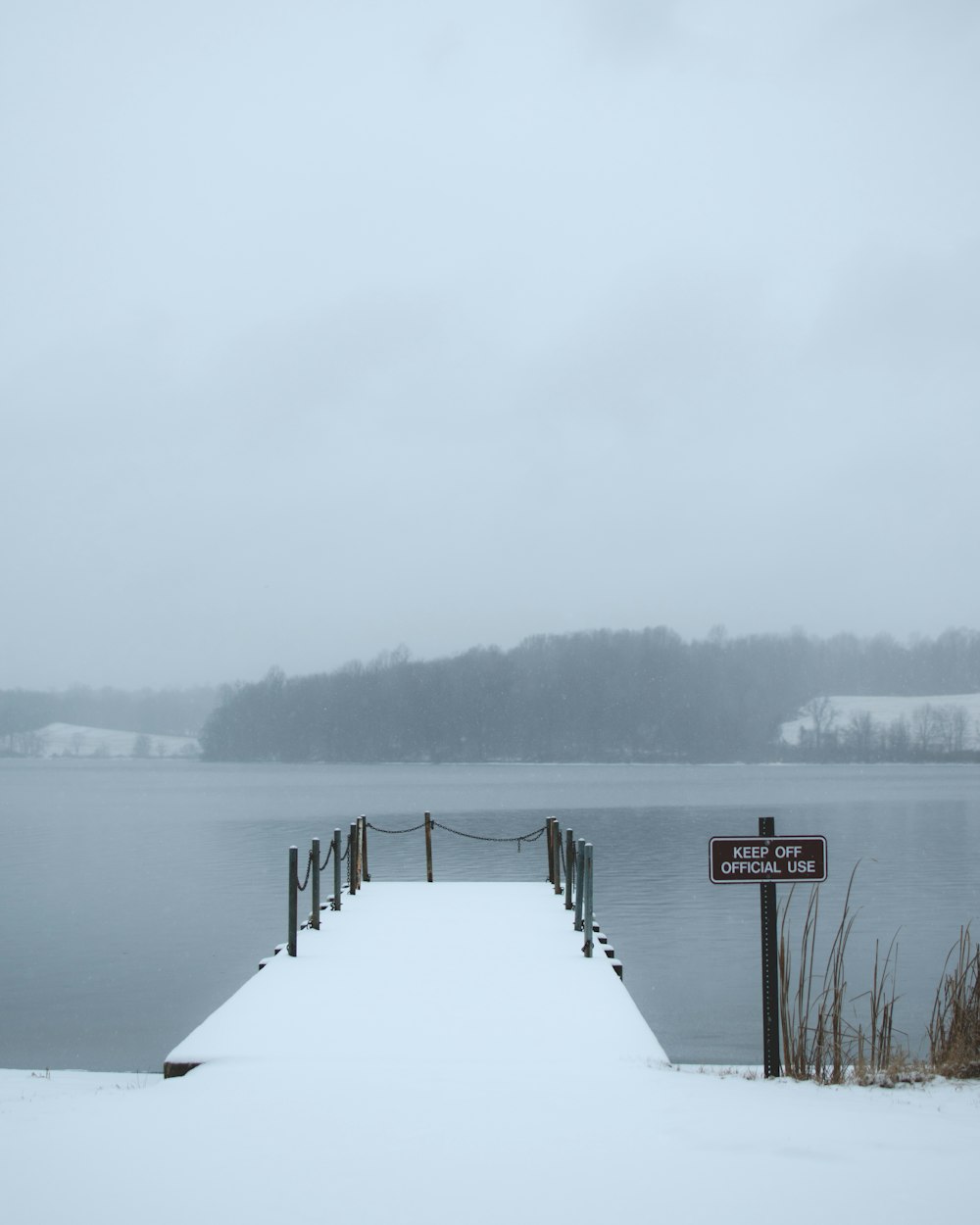 white snow covered dock near body of water