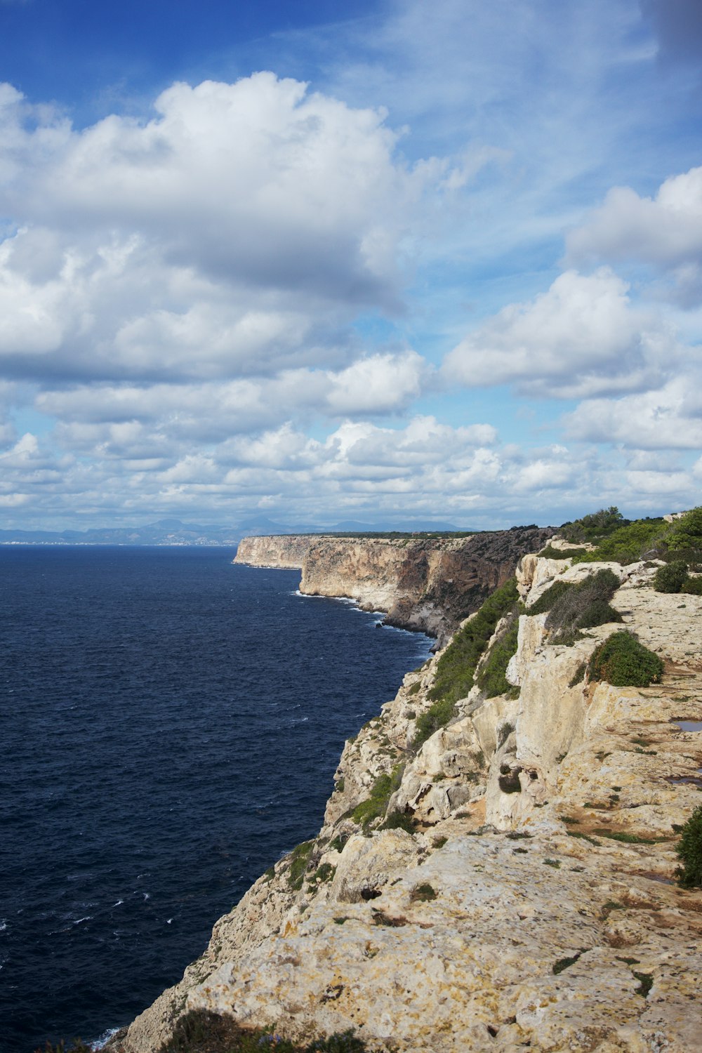 brown and green cliff beside sea under white clouds and blue sky during daytime