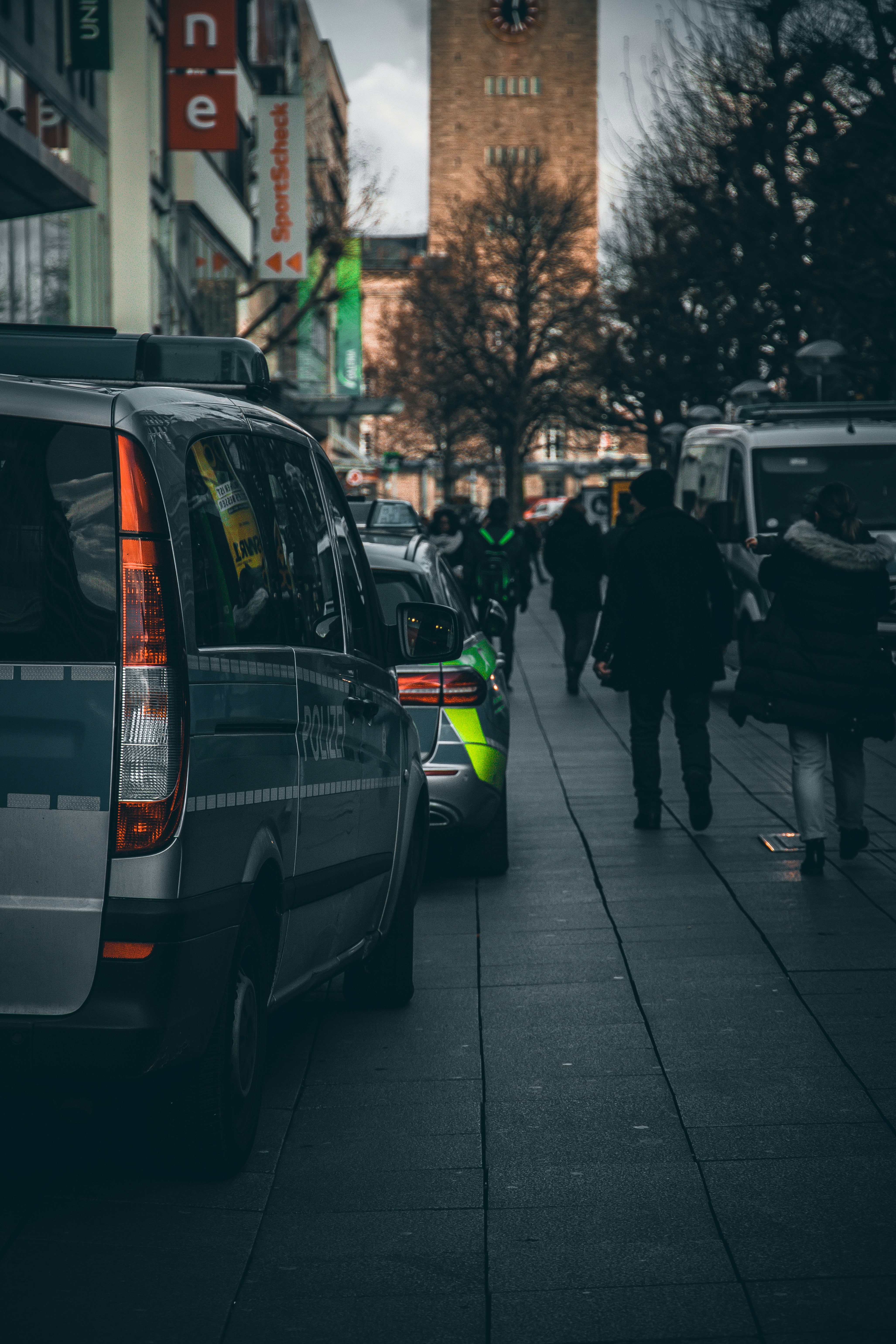 Police officers on patrol in a city