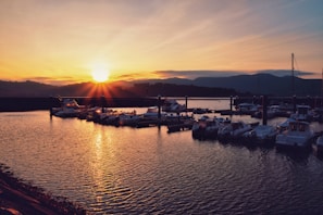 A vibrant sunset over the marina with boats gently bobbing against the docks