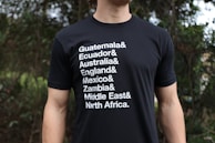 A person is wearing a black t-shirt with white text listing various regions and countries including Guatemala, Ecuador, Australia, England, Mexico, Zambia, Middle East, and North Africa. The background consists of greenery which seems to indicate an outdoor setting.