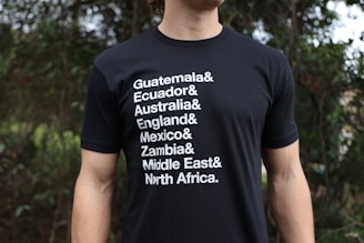 A person is wearing a black t-shirt with white text listing various regions and countries including Guatemala, Ecuador, Australia, England, Mexico, Zambia, Middle East, and North Africa. The background consists of greenery which seems to indicate an outdoor setting.