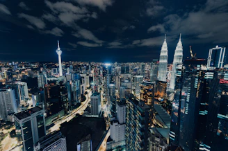 city skyline during night time