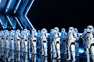 A group of uniformed characters dressed in white armored suits with black accents, resembling futuristic soldiers, stand in formation inside a high-tech, industrial-looking environment. The scene is illuminated by blue and white lighting, reflecting off the sleek, shiny floor and metal walls.