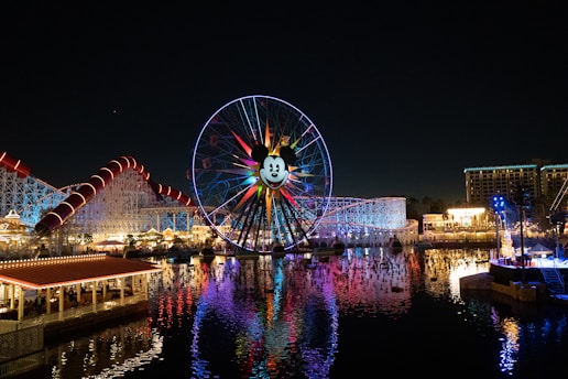 ferris wheel near body of water during night time