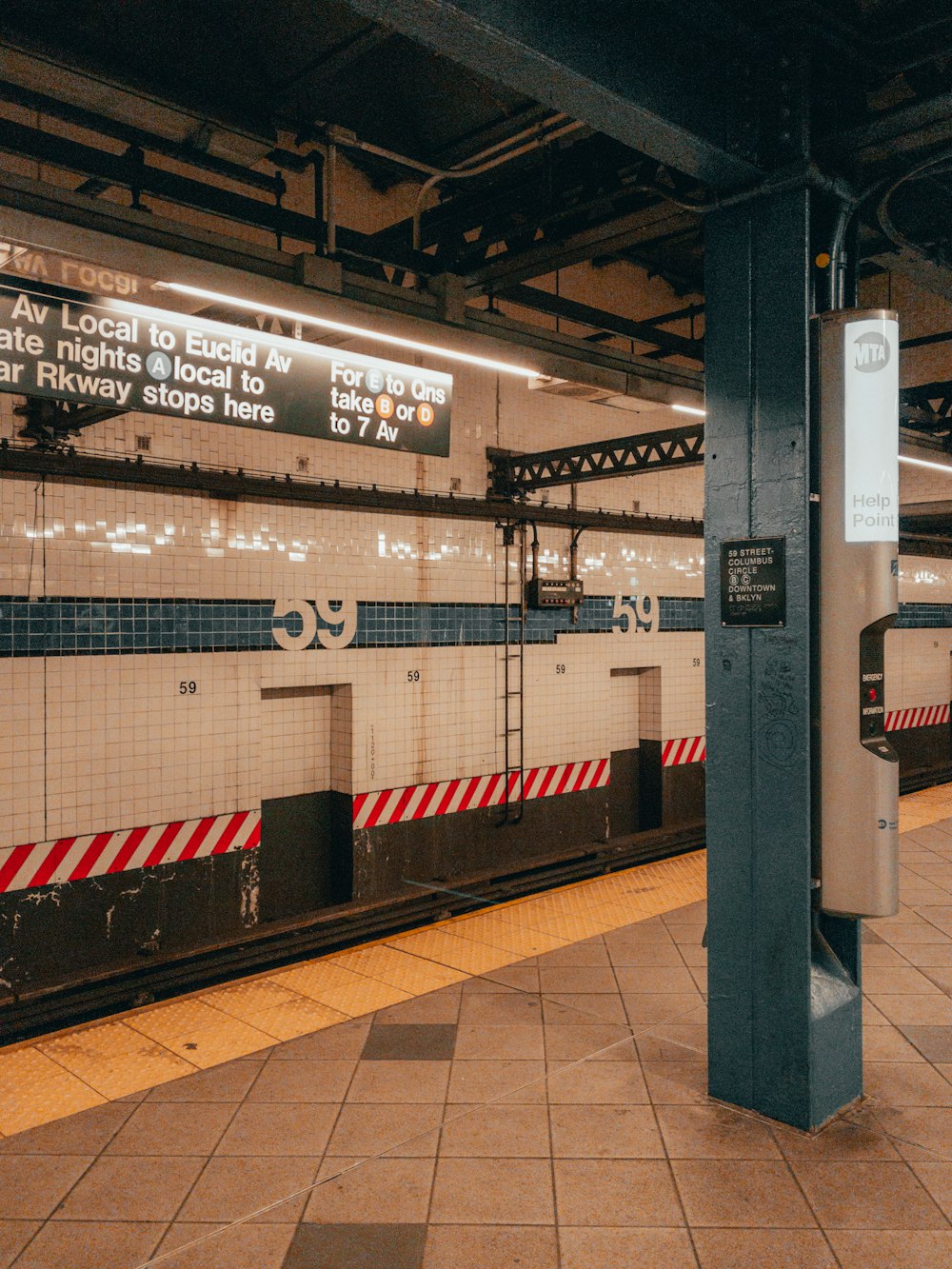 red and white train station