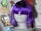 A mannequin head displays a vibrant purple wig with bangs covering the eyes. The background contains an assortment of items including a crown emblem, a floral pattern featuring a rose, and a cartoon character badge.