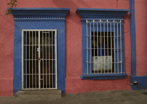 A vibrant wall painted pink with accents of blue, featuring a door and a window, both secured with white metal bars. The door is on the left side, framed in blue with intricate moldings, and the window is on the right side, also framed similarly. Inside the window, there appear to be two monochrome portraits displayed.