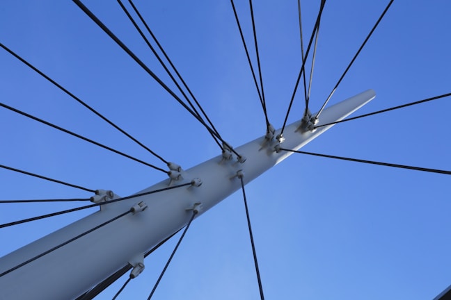 A collection of black cables radiates outwards from a white, metallic pole or structure, set against a clear blue sky. The cables are fastened with metal hardware, creating a symmetrical and organized appearance.