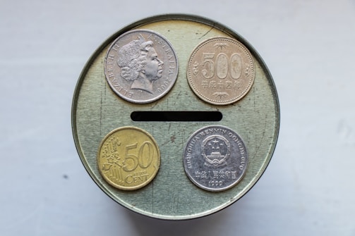 Four coins are placed on the top of a round tin container with a slot in the middle. The coins include an Australian coin, a Japanese 500 yen coin, a 50 euro cent coin, and a Chinese coin.
