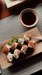 Shogun roll topped with seared wagyu